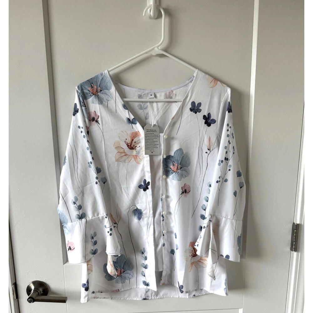 Made With Love White Floral Blouse Women's M | Ruffle Bell Sleeve Button Front T